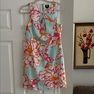 W by Worth Blue Floral Sleeveless Shift Dress with Pink & Orange Blooms Size 2